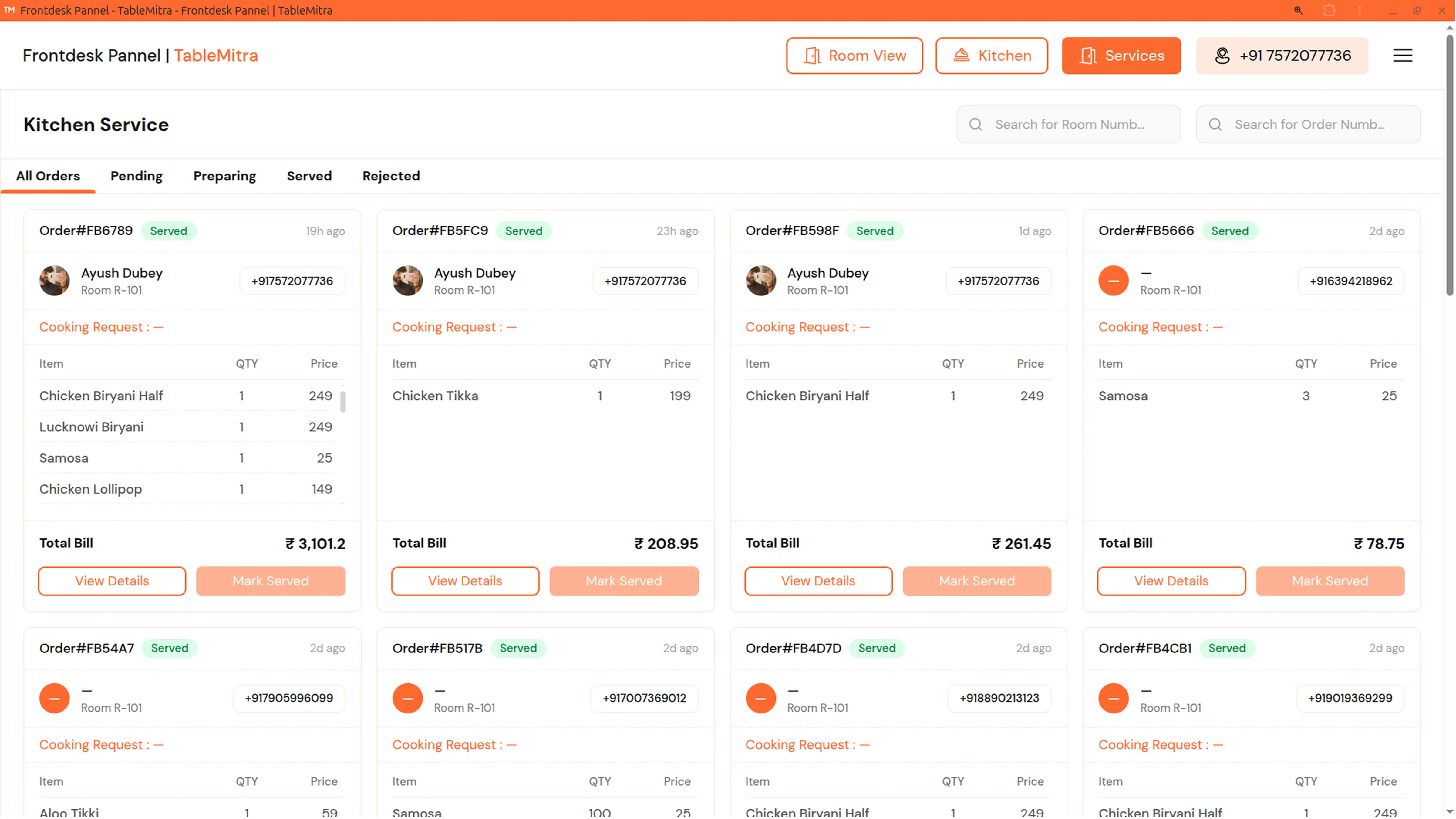 Kitchen order management panel